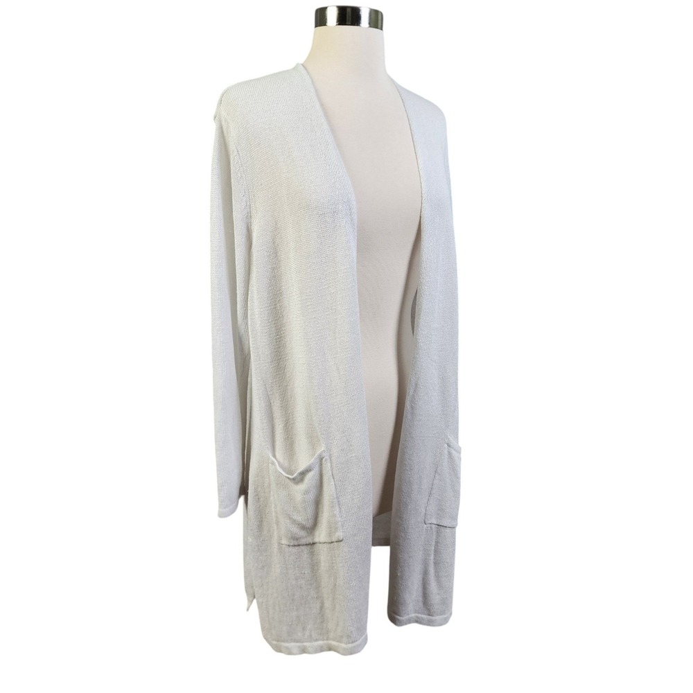 J Jill Womens White Linen Blend Open Front Longline Cardigan Sweater Size Large